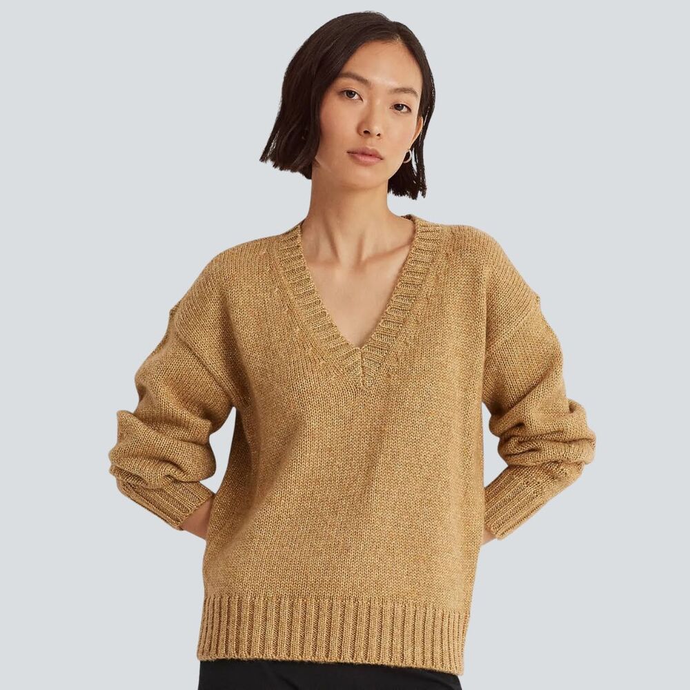 RALPH LAUREN Women's Knit Sweater Metallic Gold Size S